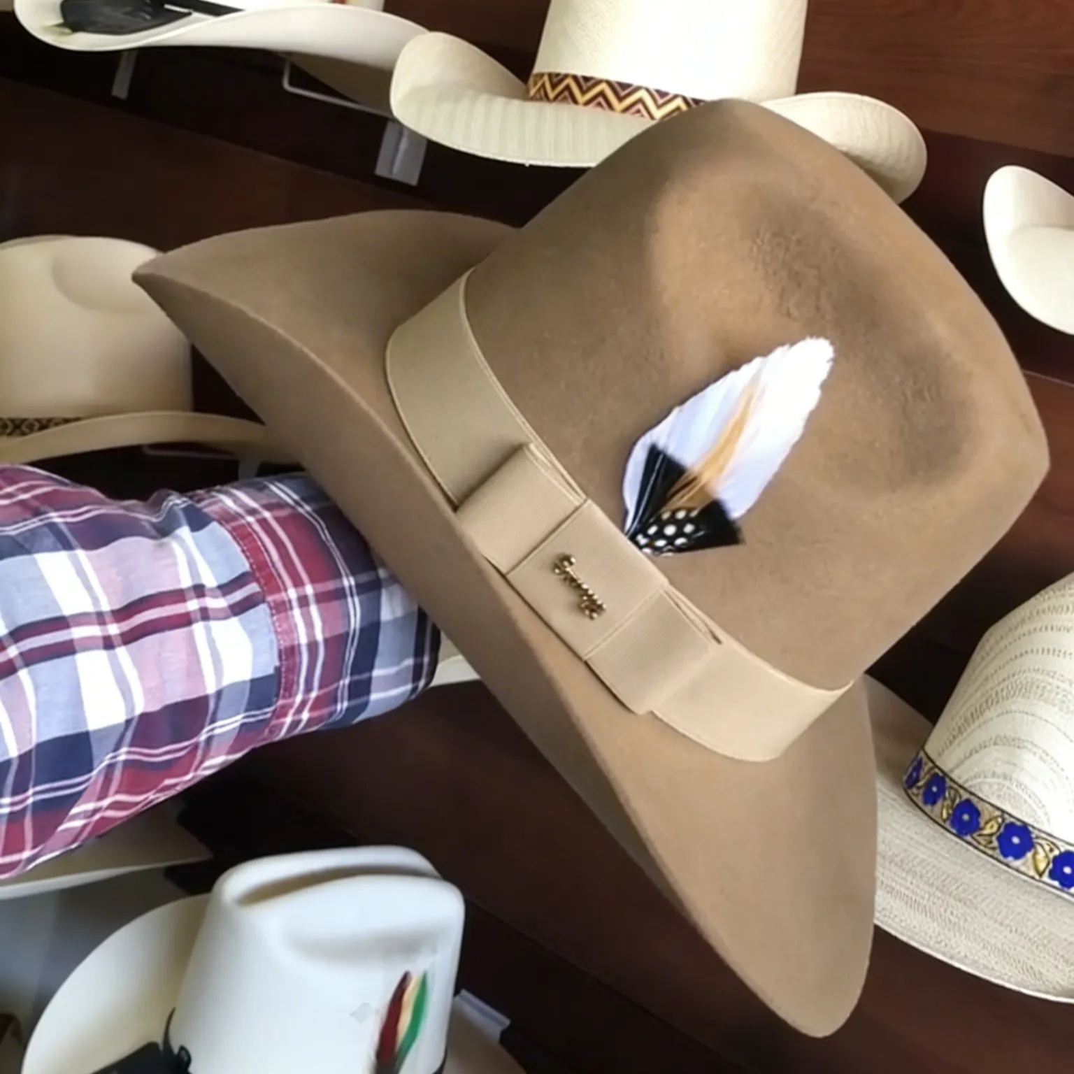 Khaki feather-trimmed cowboy hat