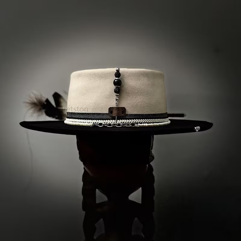 Two-Tone Western-Style Wool Felt Flat-Top Hat