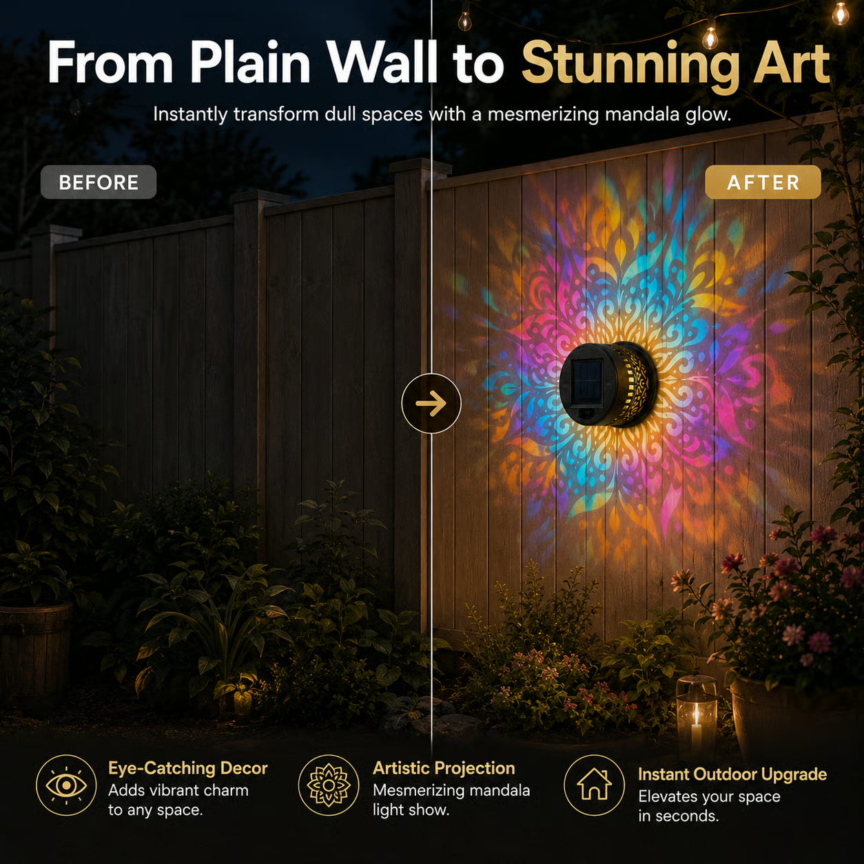 🔥Last Day 60% OFF🔥 Solar LED Outdoor Projector Light - Colorful Mandala Pattern Waterproof Wall Lamp