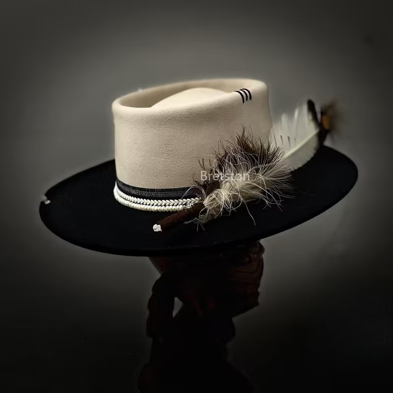 Two-Tone Western-Style Wool Felt Flat-Top Hat
