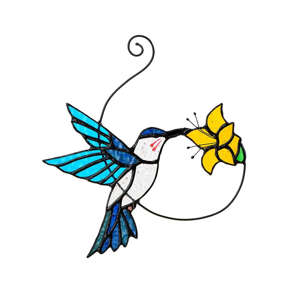 Blue Glass Bird Suncatcher with Yellow Flower Window Decor Handmade Gift