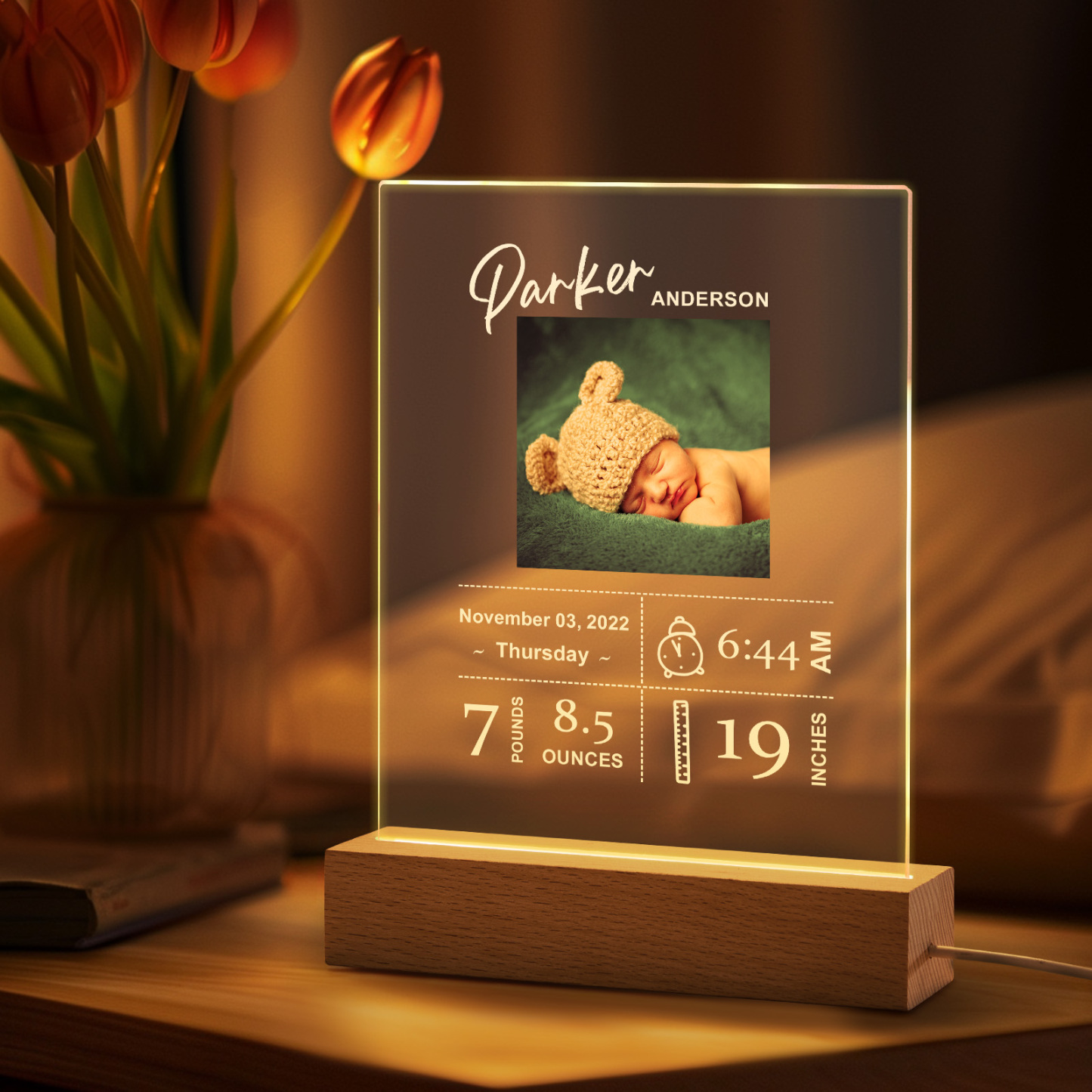 Custom Baby Birth Info Night Light – Personalized Photo Acrylic Lamp Newborn Keepsake Gift & Home Decor