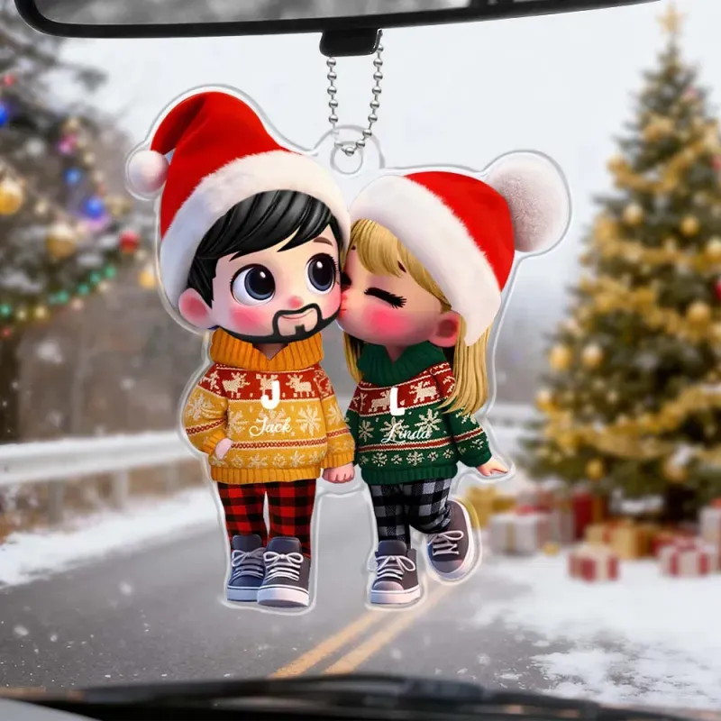 Personalized Name Christmas Style Acrylic Car Hanger Cute Couple Kissing Moment Valentines Gift for Boyfriend & Girlfriend Ghristmas Gift