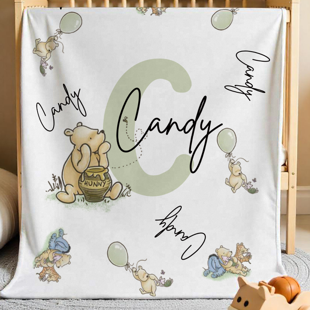 Personalized Winnie the Pooh Throw Blanket with Name Nursery Decor Birthday Baby Shower Gift for Kids