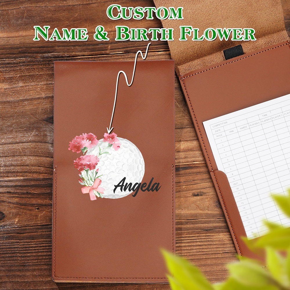 Personalized Birth Flower PU Leather Golf Scorecard Holder Birthday Gift for Golf Lover