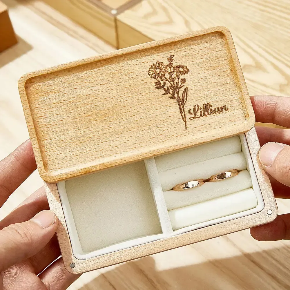 Personalised Birth Flower Jewellery Box Custom Name Jewellery Organizer Gift for Her