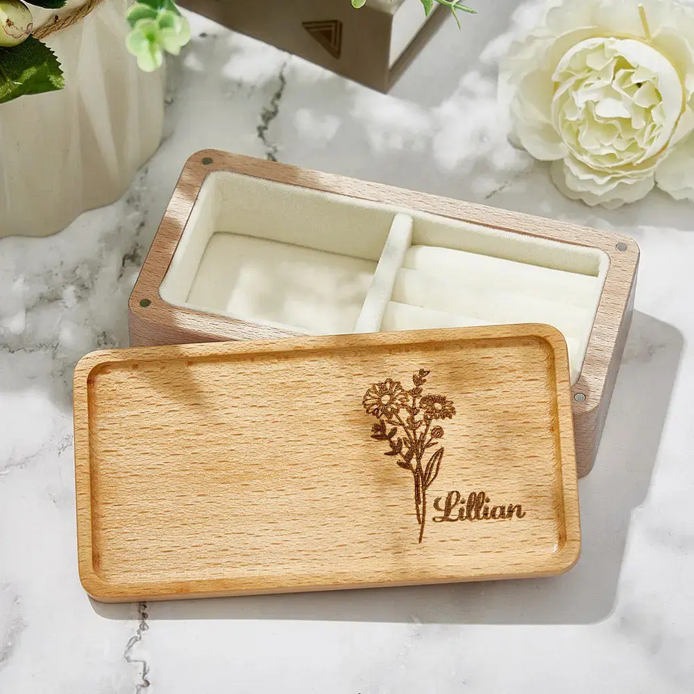 Personalised Birth Flower Jewellery Box Custom Name Jewellery Organizer Gift for Her