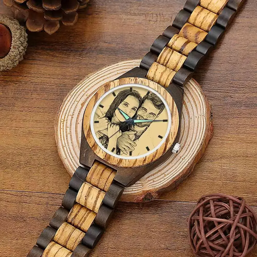 Custom Photo Engraved Wooden Men's Watch Wooden Strap 45mm
