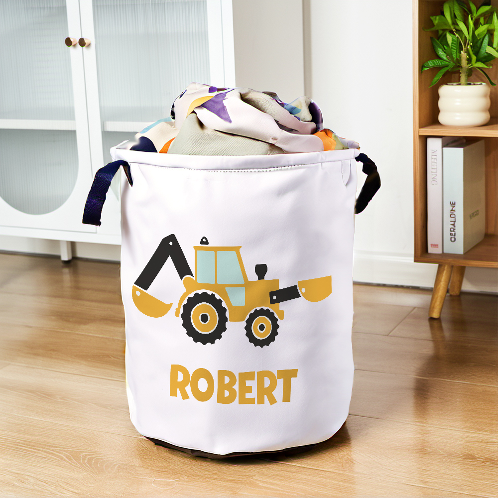 Personalized Name Storage Basket Work Vehicles Construction Trucks Toy Laundry Basket Birthday Gift for Family Kids