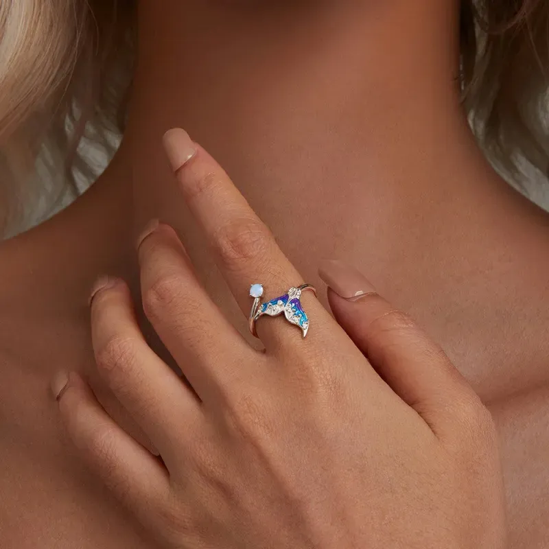 Dream Mermaid Tail Open Ring in Sterling Silver – Iridescent Opal & Zircon Fantasy Jewelry Valentines Gift