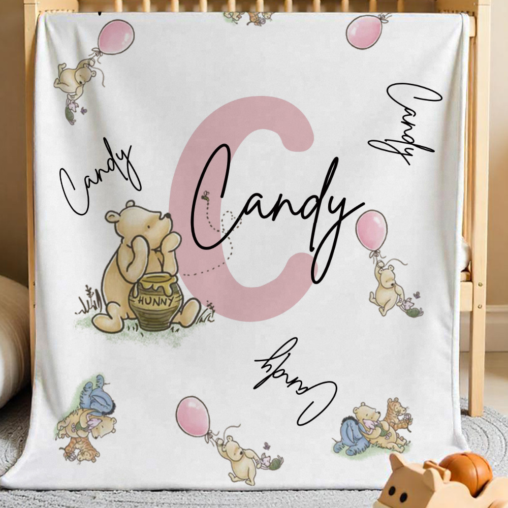 Personalized Winnie the Pooh Throw Blanket with Name Nursery Decor Birthday Baby Shower Gift for Kids