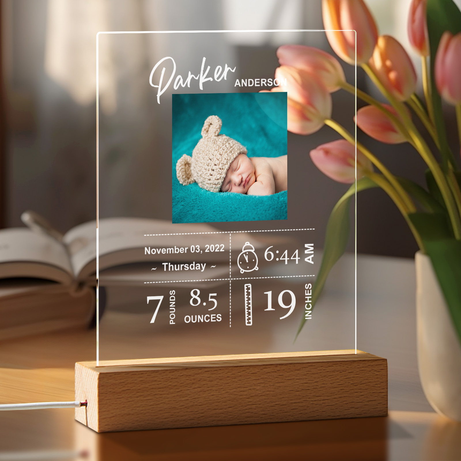 Custom Baby Birth Info Night Light – Personalized Photo Acrylic Lamp Newborn Keepsake Gift & Home Decor