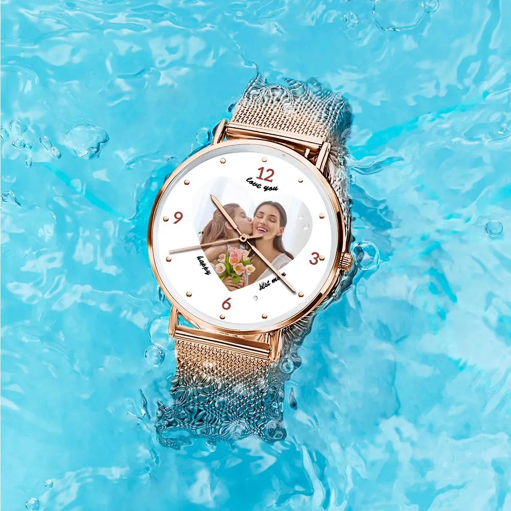 Engraved Rose Gold Alloy Bracelet Photo Watch 36mm Gifts for Mom