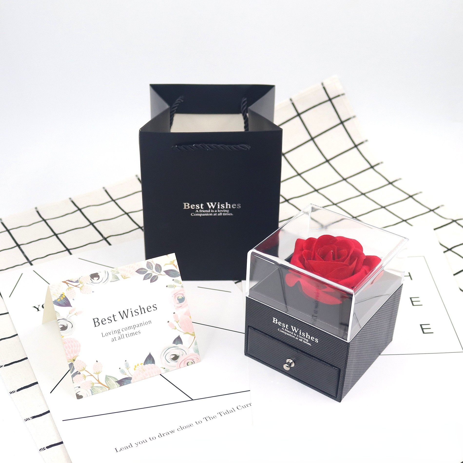 Rose Jewelry Gift Box with Greeting Card and Gift Bag