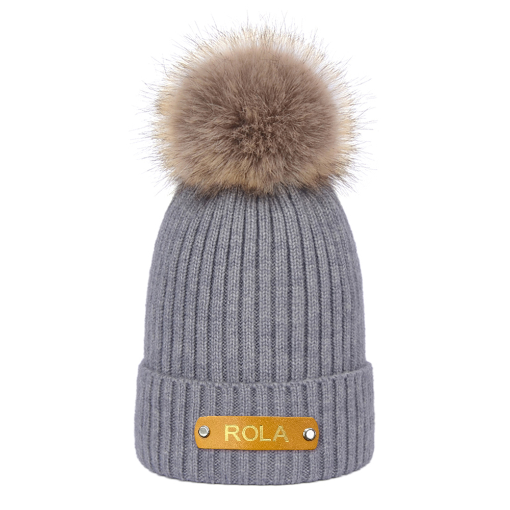 Personalized Leather Patch Beanie Custom Name Newborn Kids Winter Hat