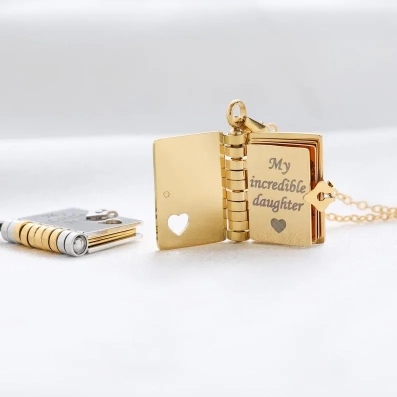Personalized Text Book Necklace – Adjustable Pendant with Message Inside Meaningful Jewelry