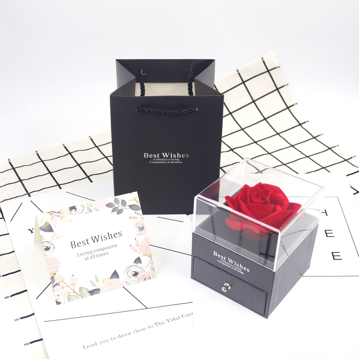 Rose Jewelry Gift Box with Greeting Card and Gift Bag