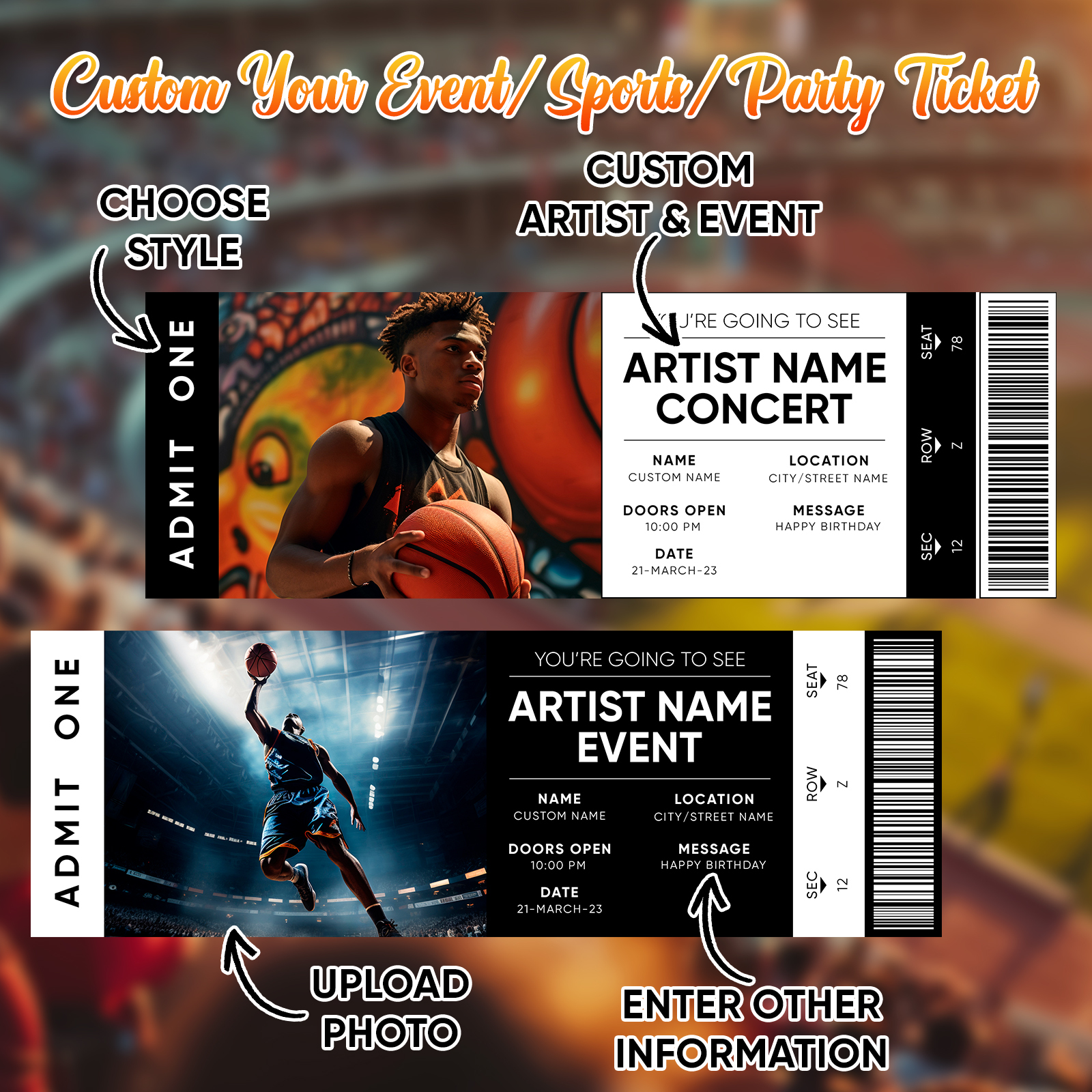 Personalized Photo & Text Custom Concert Ticket Keepsake – Memory Card for Special Moments