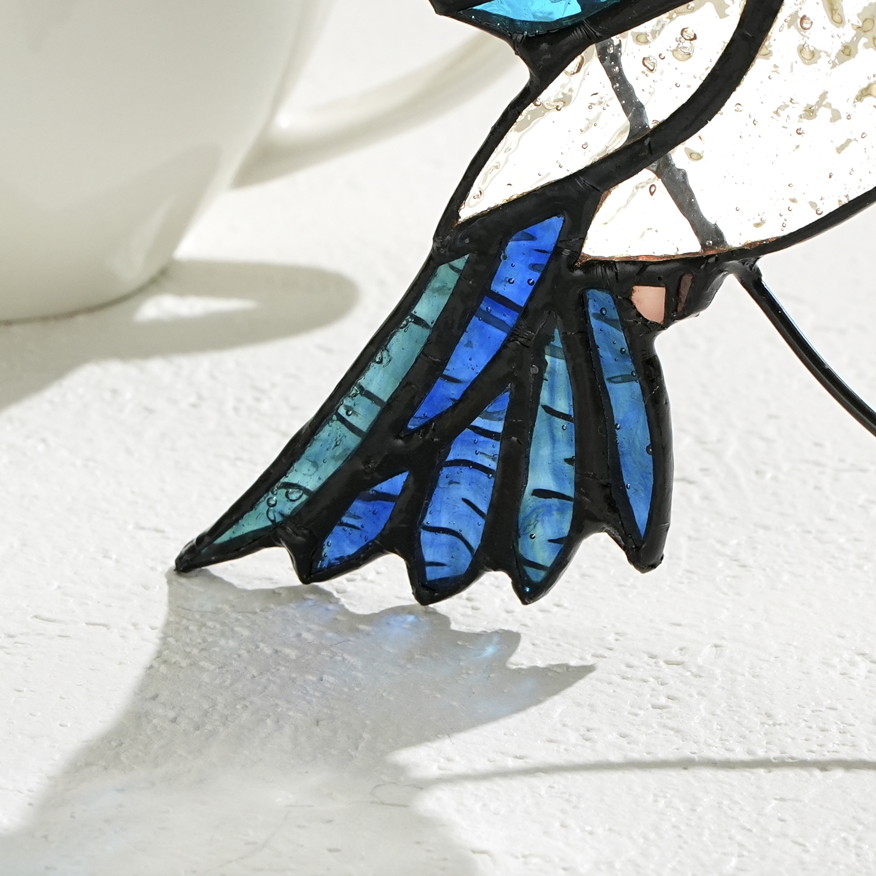 Blue Glass Bird Suncatcher with Yellow Flower Window Decor Handmade Gift