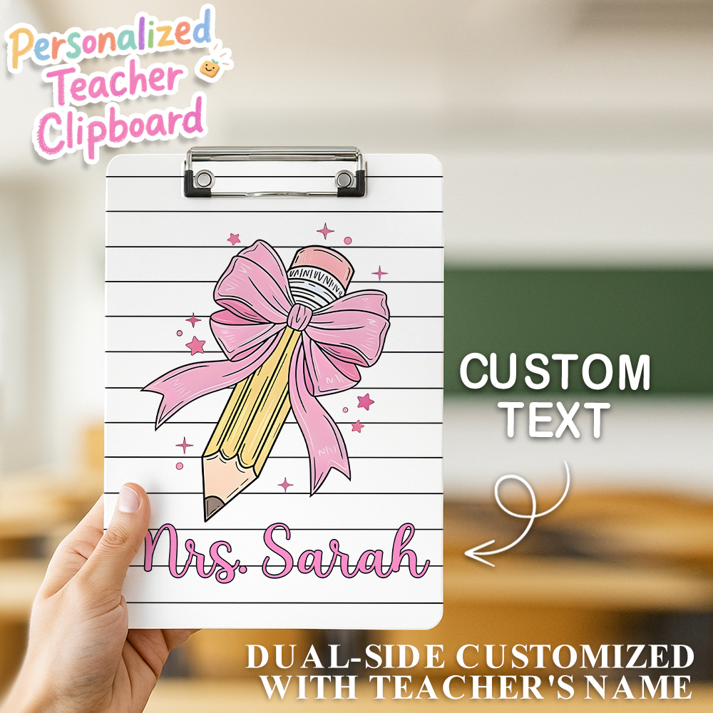 Custom Text Name Folder with Pink Bow & Pencil Design – Teacher's Day & Back to School Gift
