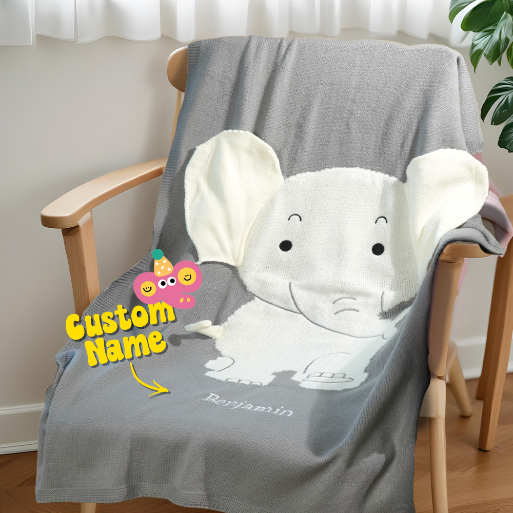 Personalized Baby Blanket Knitting Blanket Grey Elephant with Name Gift for Baby