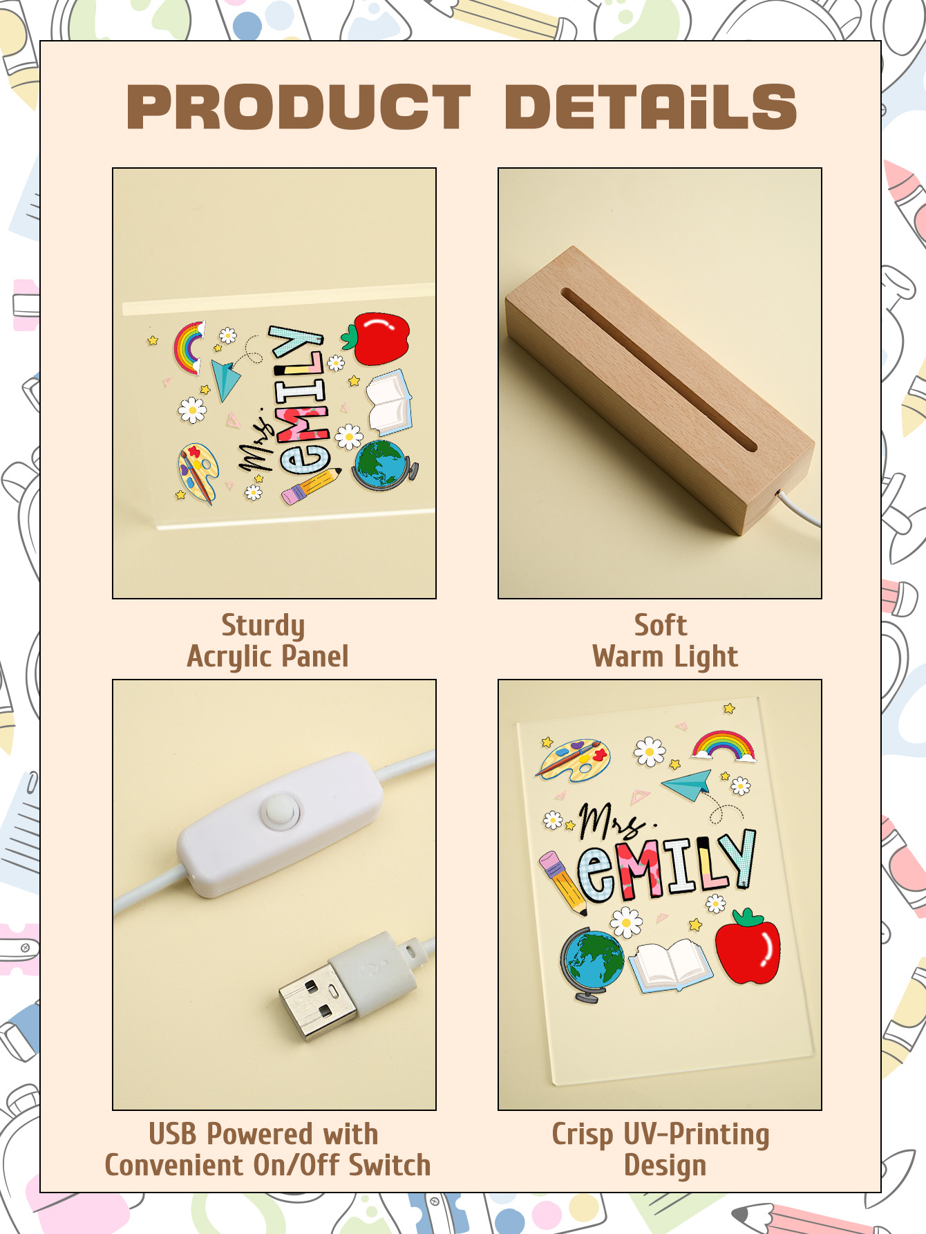 Custom Engraved Back to School Transparent Night Light with Stationery Design White Light Teacher's Day Gift