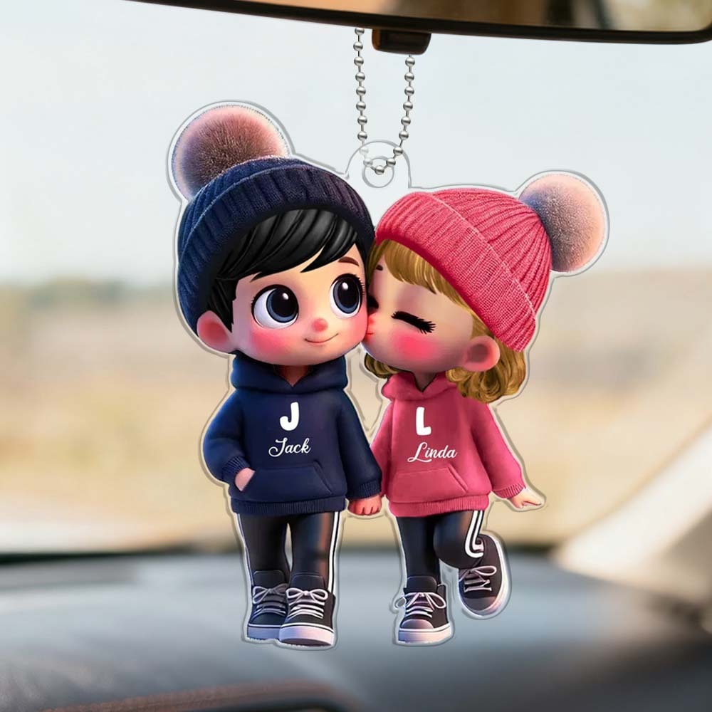 Custom Couple Cartoon Car Hanging Ornament – Personalized Name Car Decoration