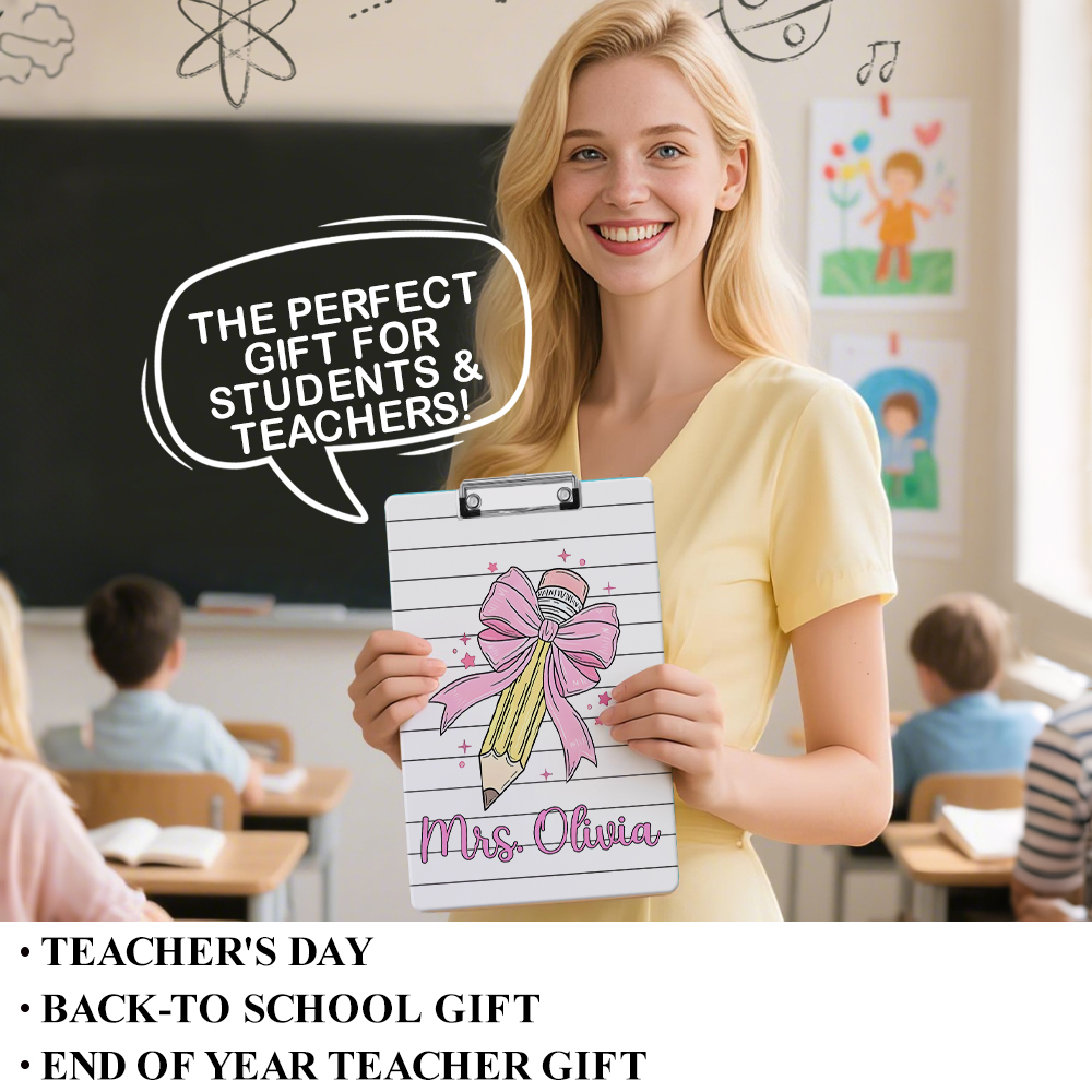 Custom Text Name Folder with Pink Bow & Pencil Design – Teacher's Day & Back to School Gift