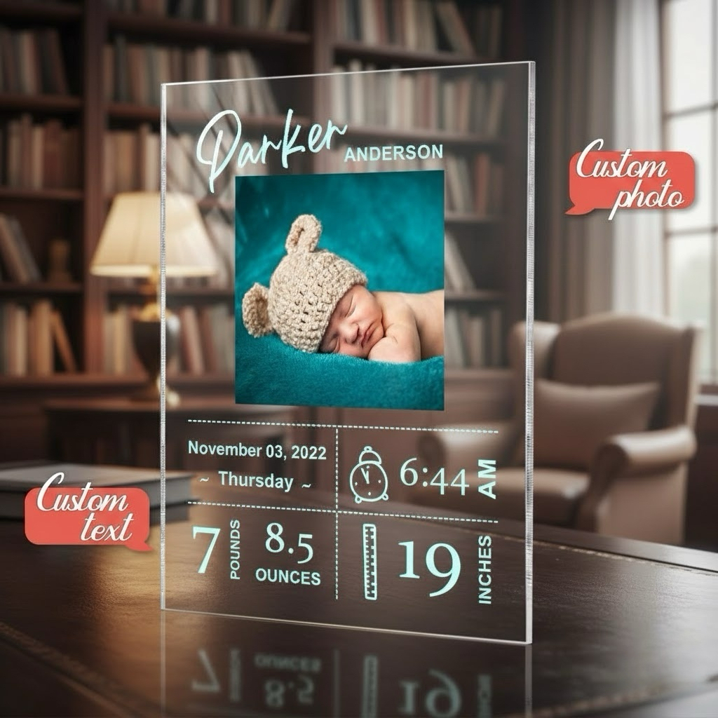 Personalized Baby Birth Stats Acrylic Plaque Custom Photo Newborn Keepsake Gift