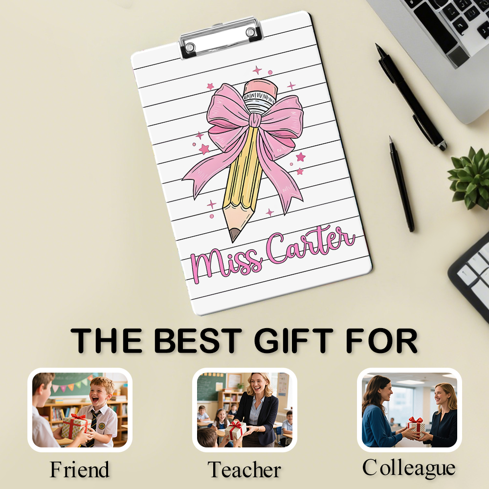 Custom Text Name Folder with Pink Bow & Pencil Design – Teacher's Day & Back to School Gift
