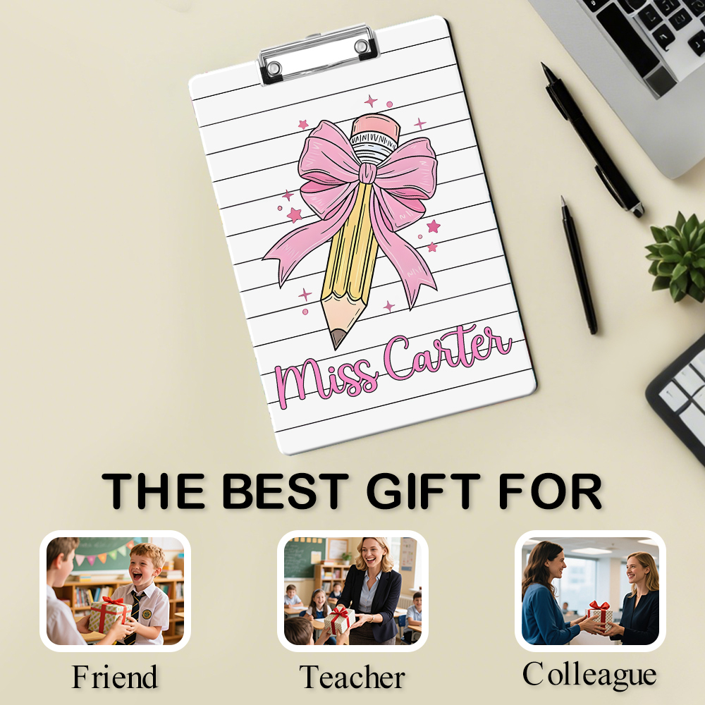 Custom Text Name Folder with Pink Bow & Pencil Design – Teacher's Day & Back to School Gift