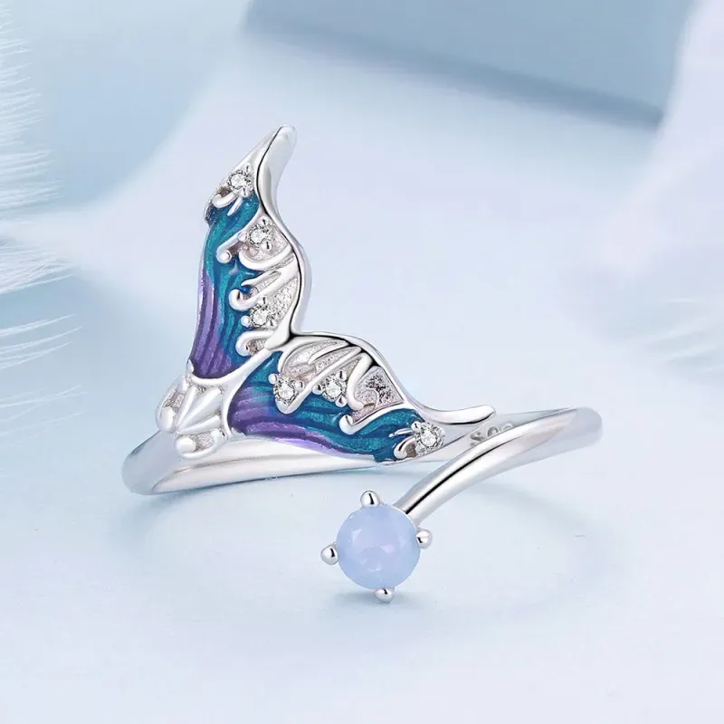 Dream Mermaid Tail Open Ring in Sterling Silver – Iridescent Opal & Zircon Fantasy Jewelry Valentines Gift