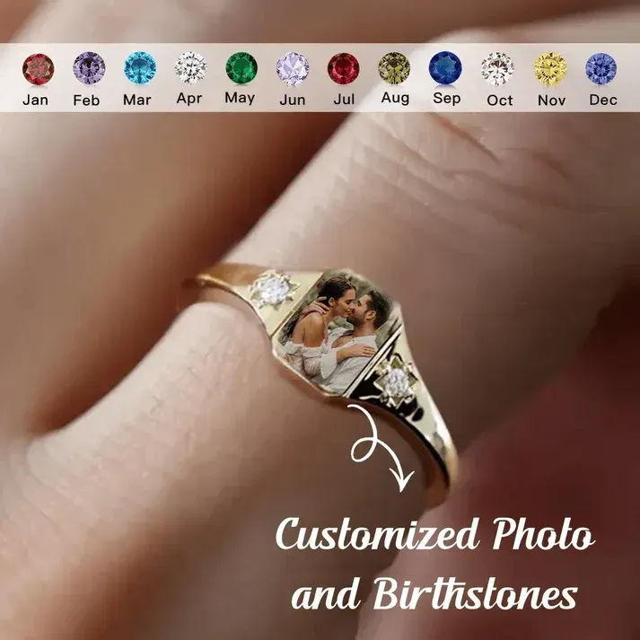 Personalized Birthstone Photo Ring 2 Colors of Photo Custom Jewelry Perfect Gift for Her Valentine's Day Gifts