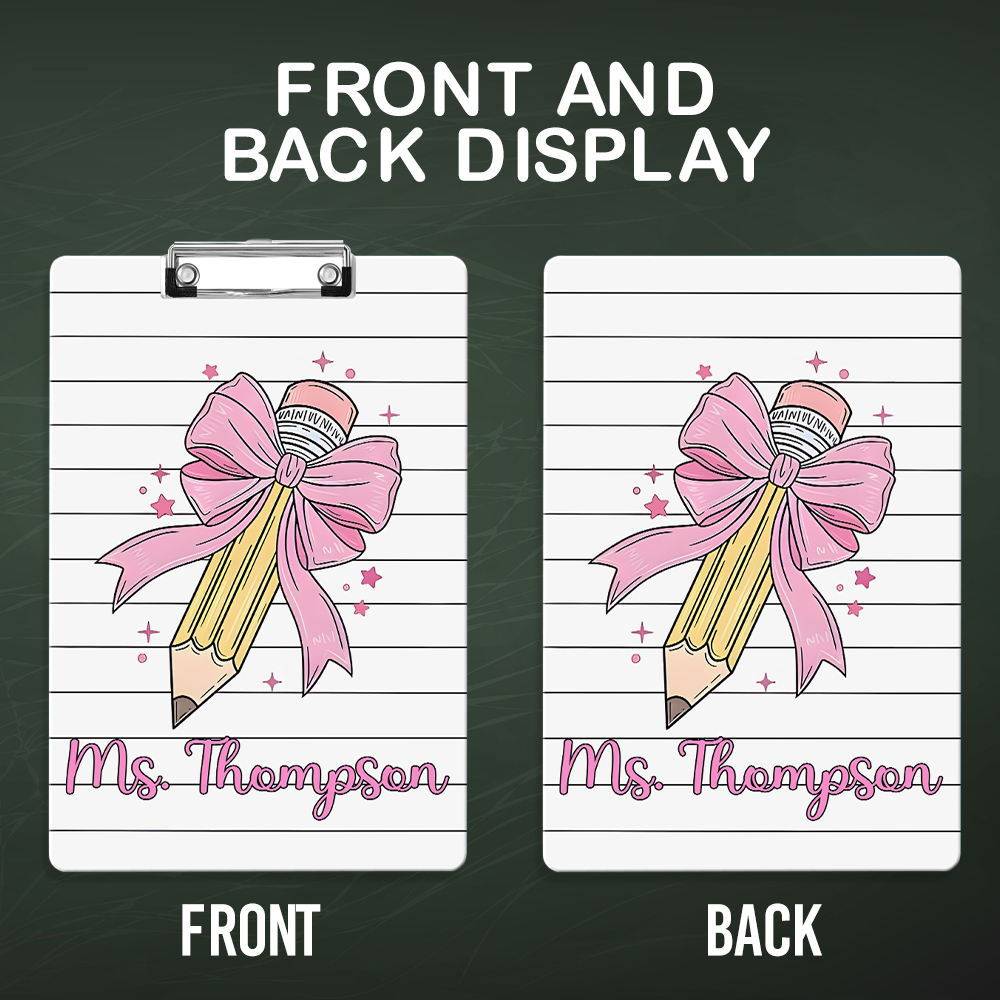 Custom Text Name Folder with Pink Bow & Pencil Design – Teacher's Day & Back to School Gift