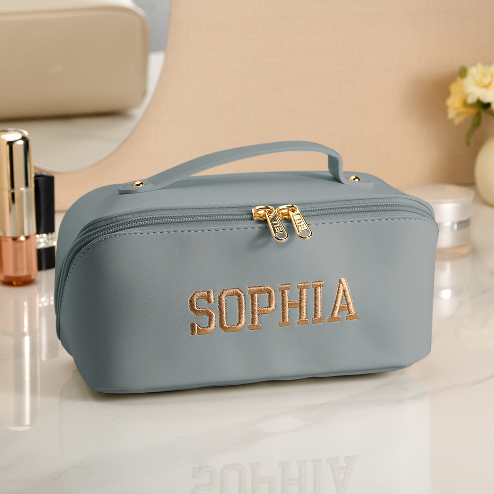 Personalized PU Leather Waterproof Makeup Bag with Embroidery Name Cosmetic Bag Travel Accessory Birthday Wedding Gift for Her