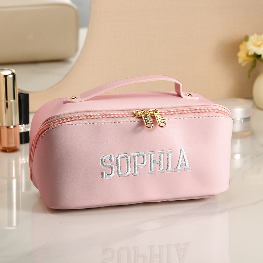 Personalized PU Leather Waterproof Makeup Bag with Embroidery Name Cosmetic Bag Travel Accessory Birthday Wedding Gift for Her