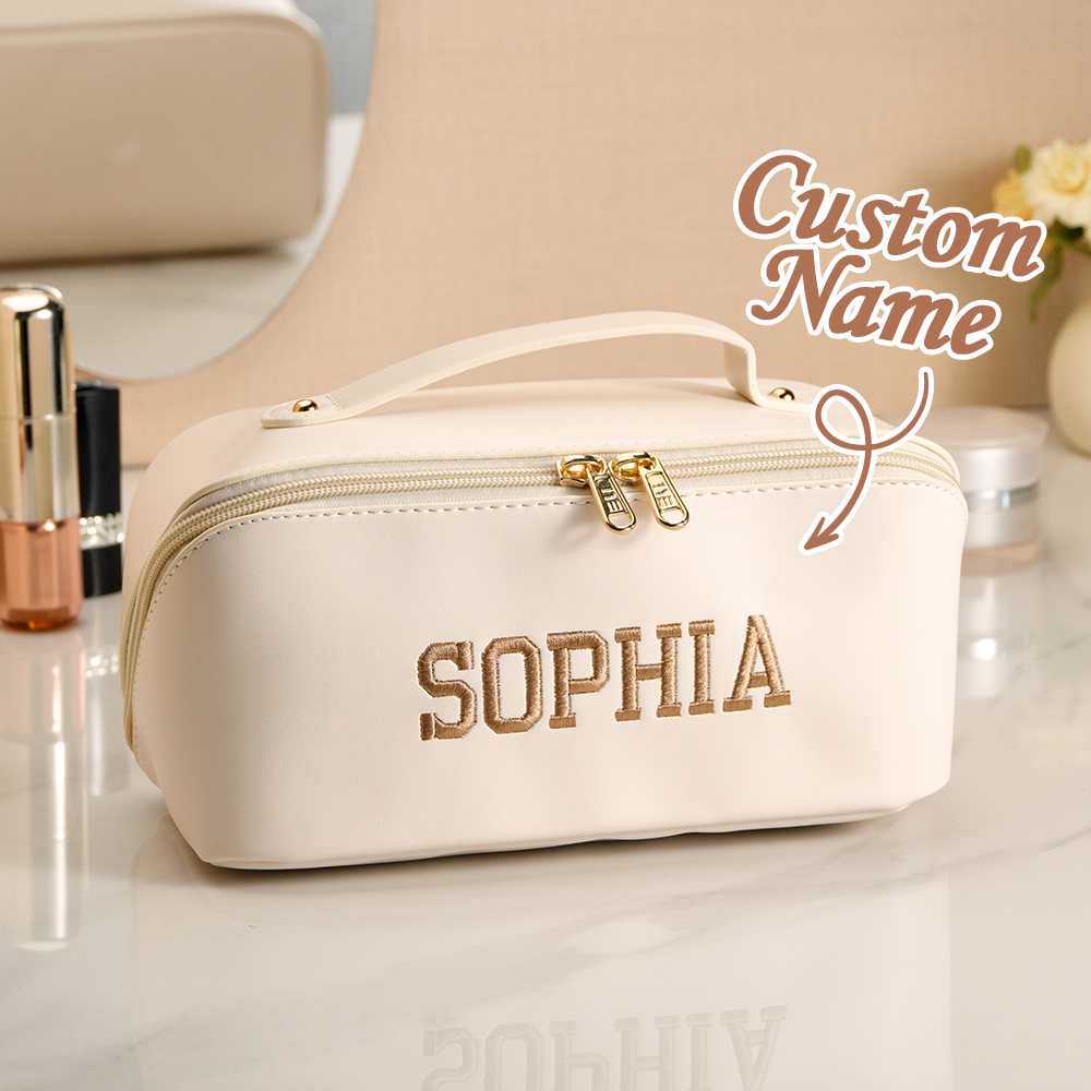 Personalized PU Leather Waterproof Makeup Bag with Embroidery Name Cosmetic Bag Travel Accessory Birthday Wedding Gift for Her