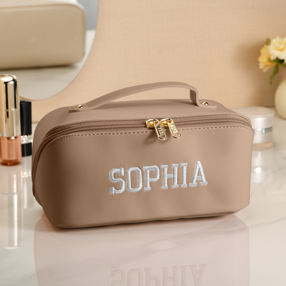 Personalized PU Leather Waterproof Makeup Bag with Embroidery Name Cosmetic Bag Travel Accessory Birthday Wedding Gift for Her