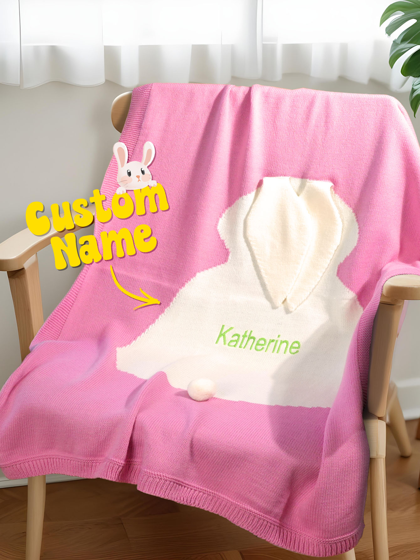 Personalized Knitted Blanket Bunny Blanket with Embroidered Name Gift for Baby