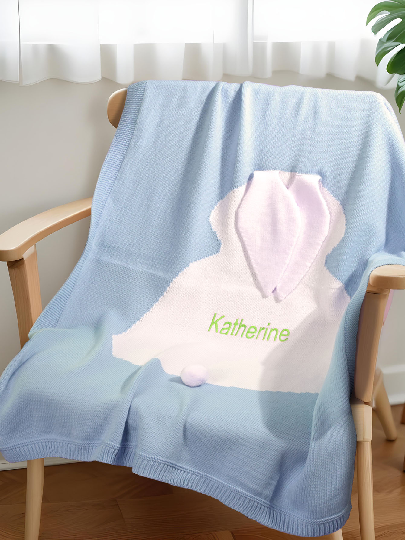 Personalized Knitted Blanket Bunny Blanket with Embroidered Name Gift for Baby