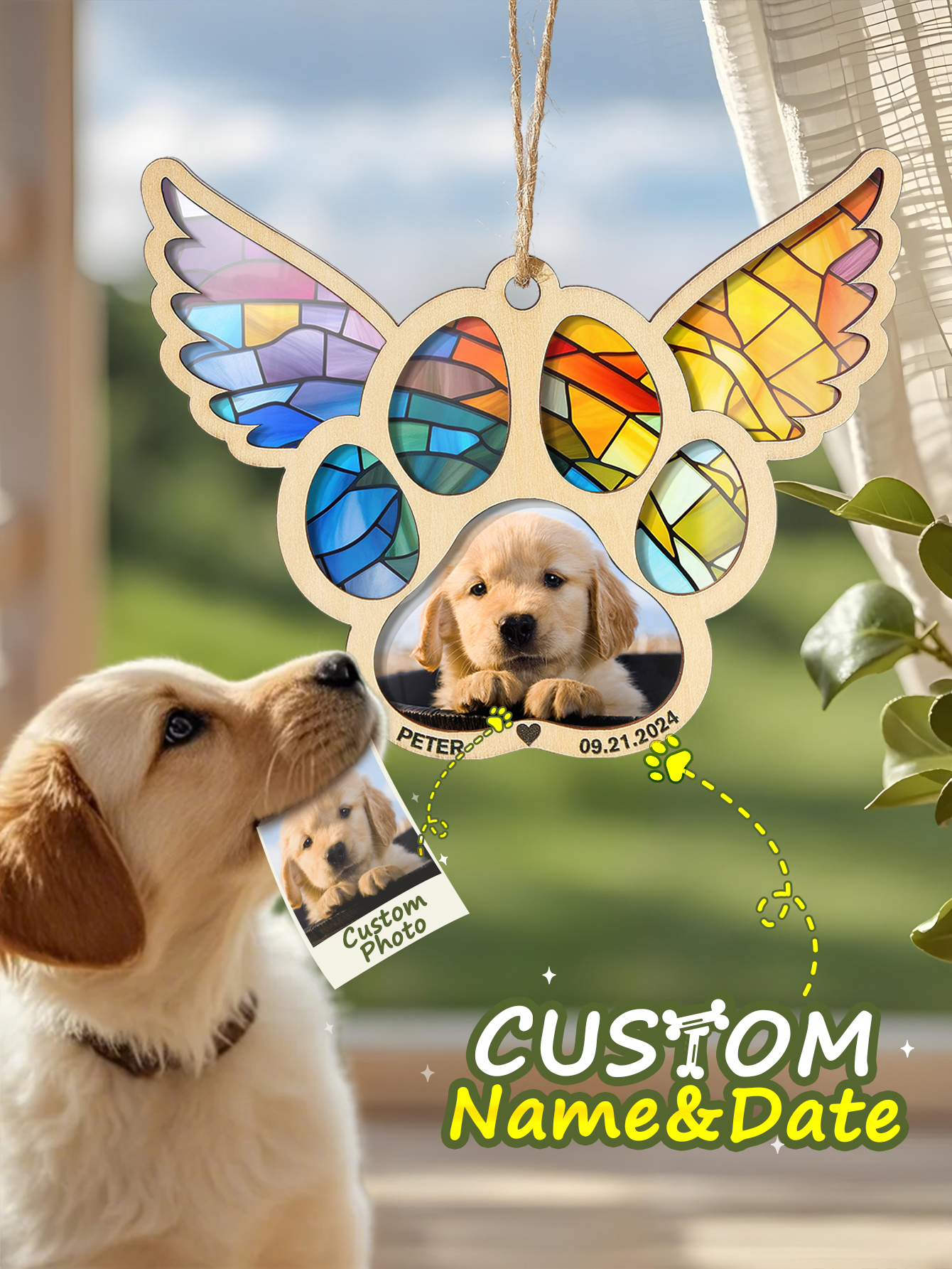 Personalized Pet Suncatcher Ornament with Photo Paw Print Ornament Memorial Gift for Pet Lovers