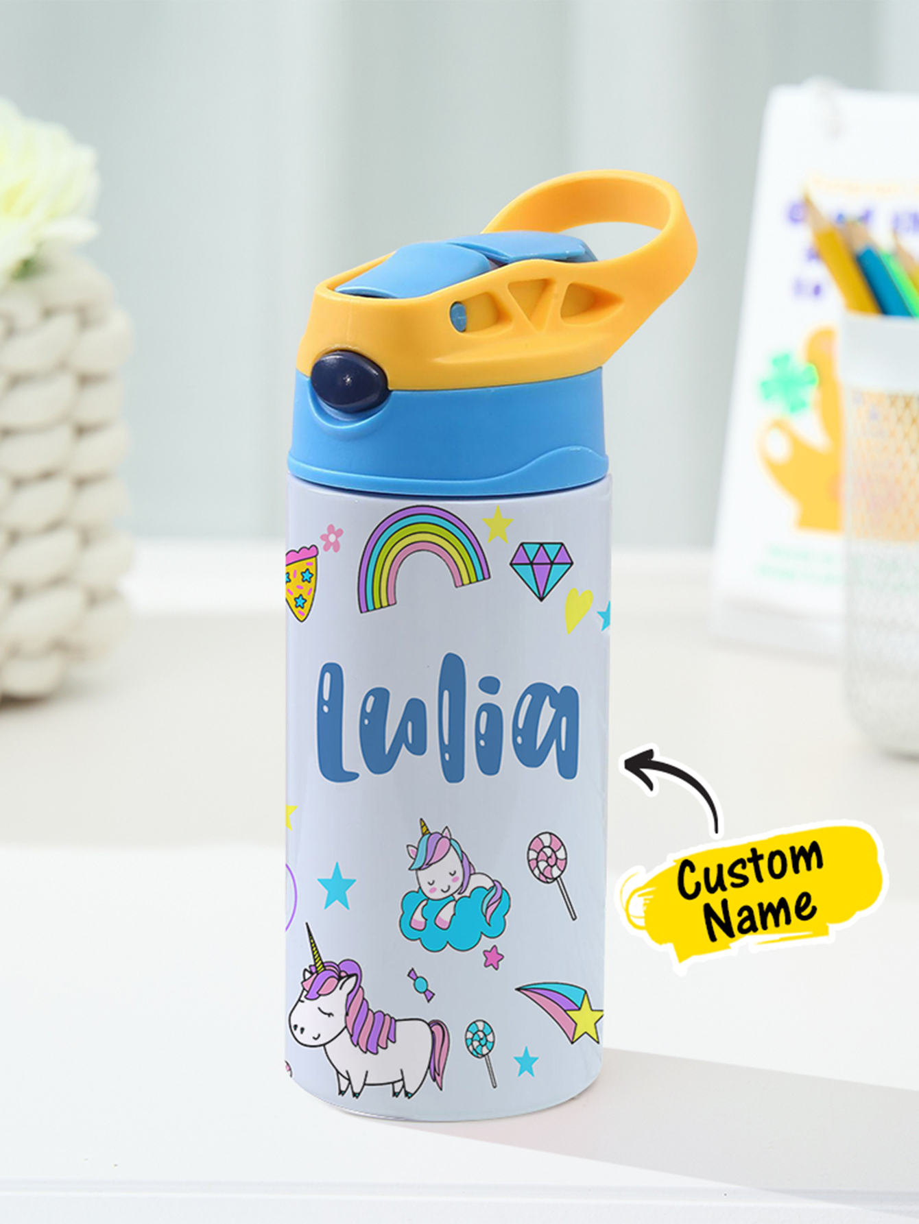 Personalized Name Cartoon Rainbow Unicorn Stainless Steel Tumbler – 350ML Insulated Cup with Custom Design