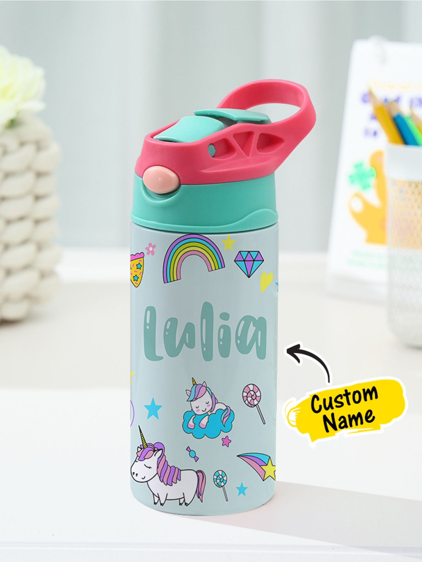 Personalized Name Cartoon Rainbow Unicorn Stainless Steel Tumbler – 350ML Insulated Cup with Custom Design