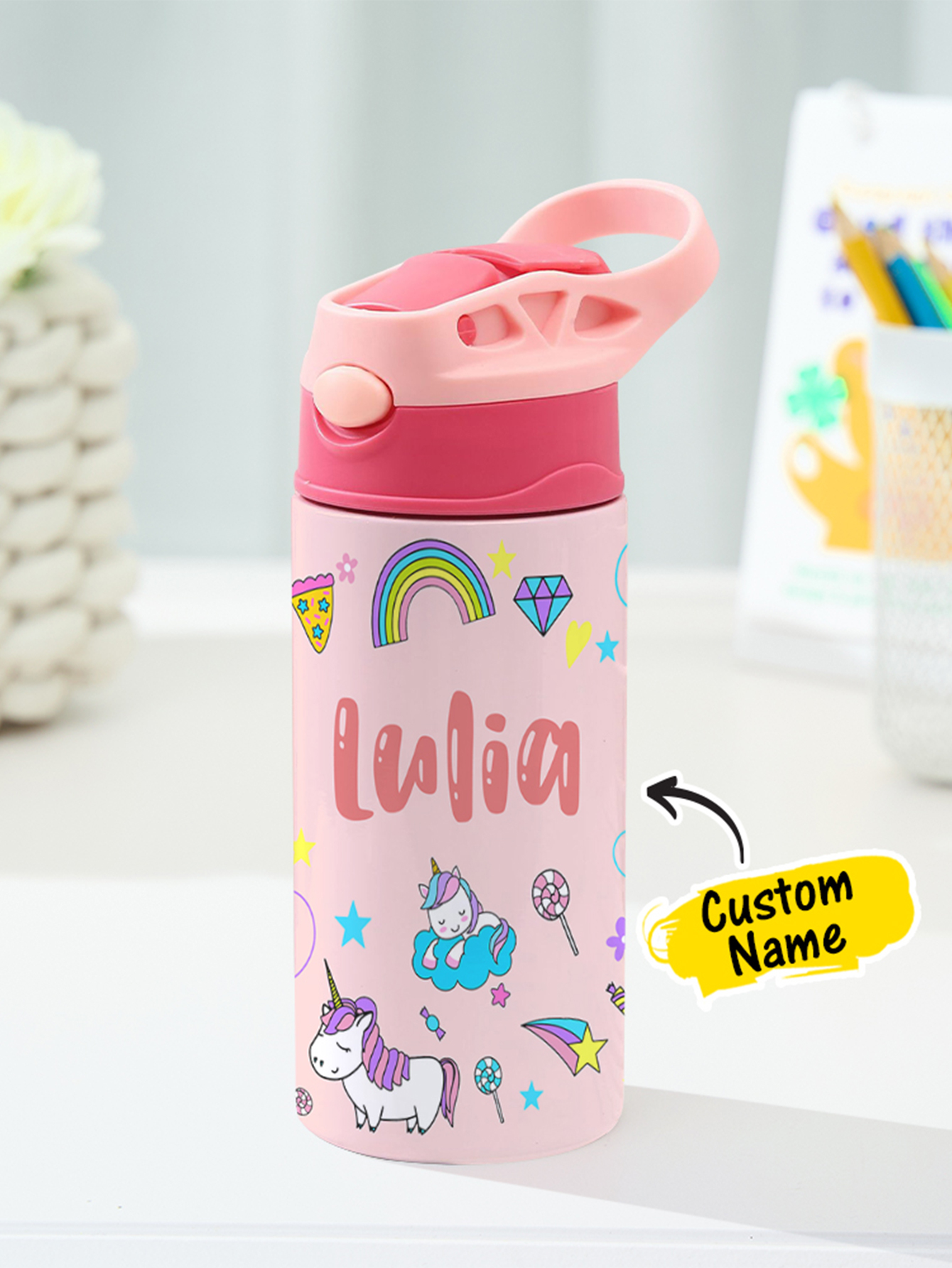 Personalized Name Cartoon Rainbow Unicorn Stainless Steel Tumbler – 350ML Insulated Cup with Custom Design