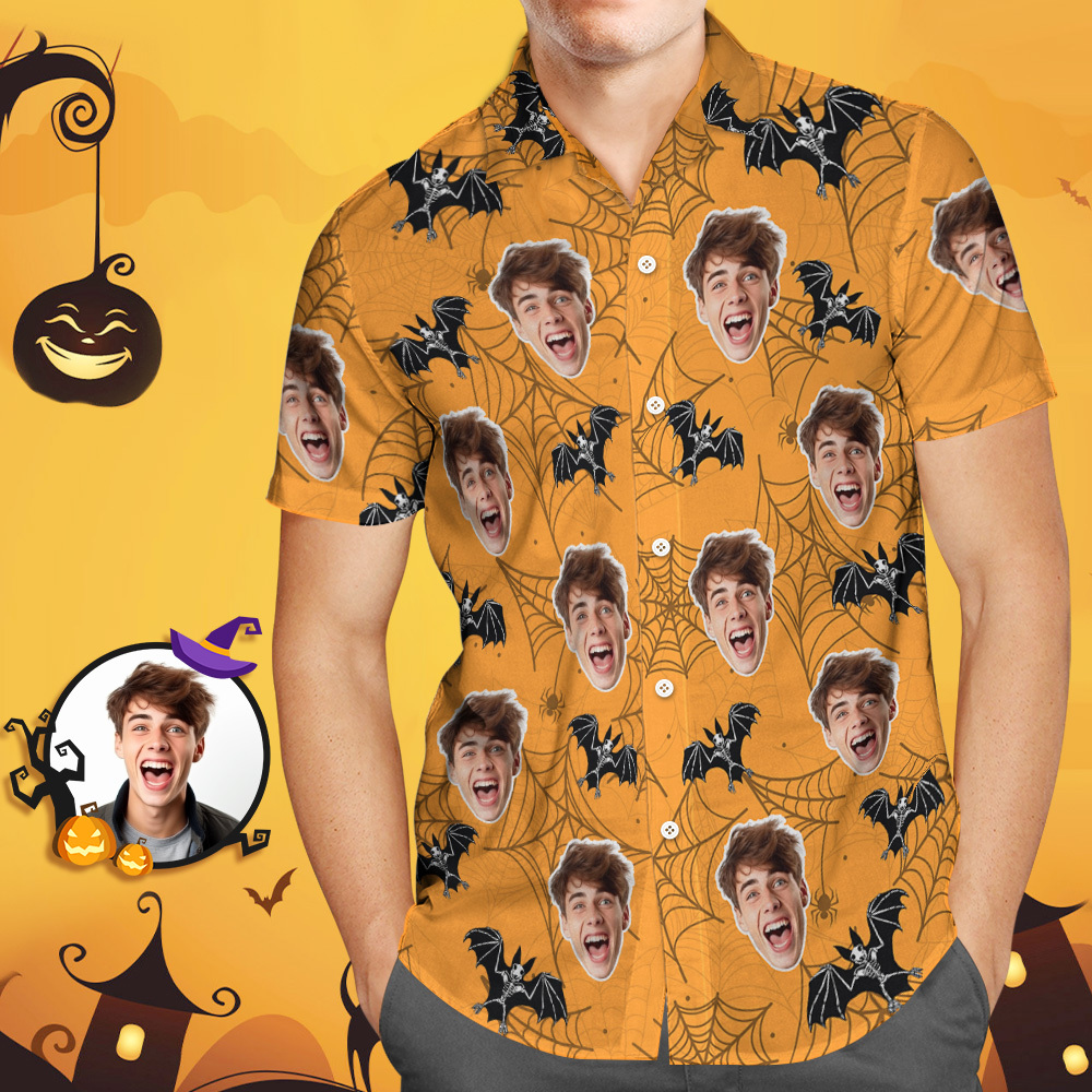 Custom Face Funny Halloween Photo Yellow Hawaiian Shirt Party Gift