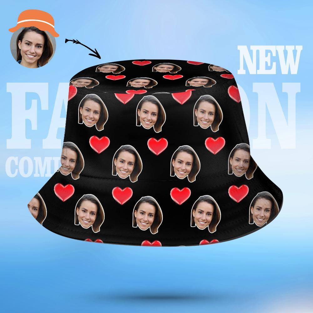 Custom Face Bucket Hat Personalized Heart Print Summer Unisex Fisherman Hat