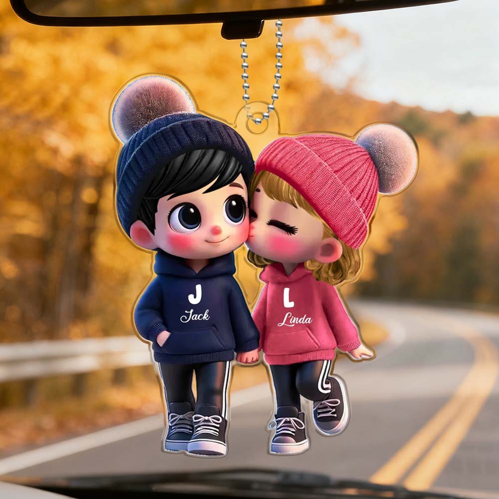 Custom Couple Cartoon Car Hanging Ornament – Personalized Name Car Decoration