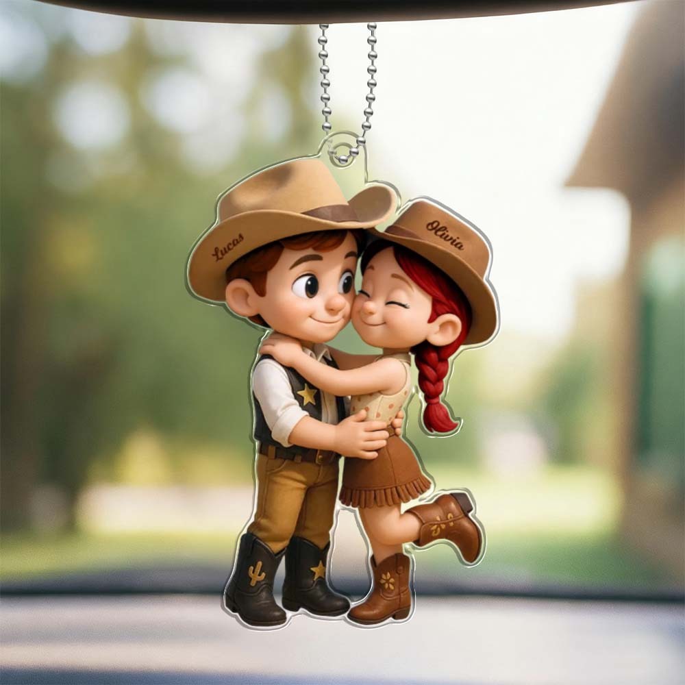 Personalized Name Denim Style Acrylic Car Hanger Cute Couple Kissing Moment Valentines Gift for Boyfriend & Girlfriend