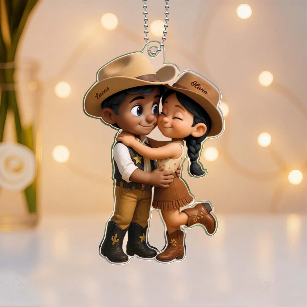 Personalized Name Denim Style Acrylic Car Hanger Cute Couple Kissing Moment Valentines Gift for Boyfriend & Girlfriend