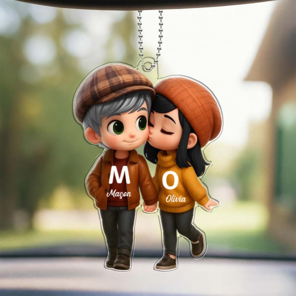 Personalized Name British Style Acrylic Car Hanger Cute Couple Kissing Moment Valentines Gift for Boyfriend & Girlfriend